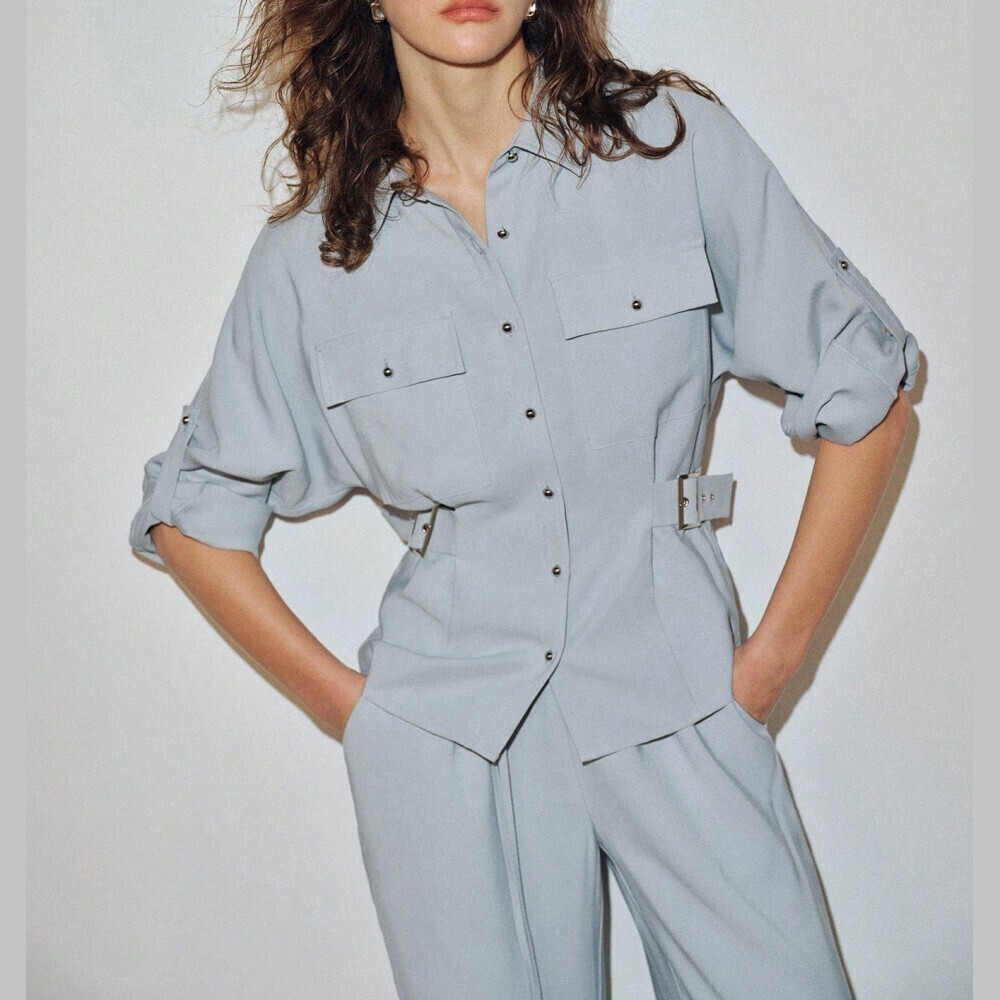 Dusty Blue Belted Utility Shirt with Flap Pockets and Roll-Tab Sleeves
